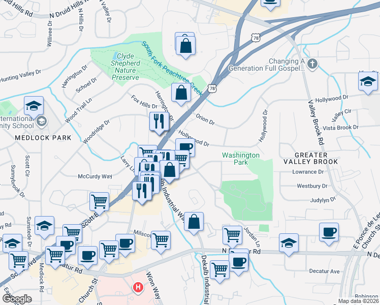 map of restaurants, bars, coffee shops, grocery stores, and more near 795 Jordan Lane in Decatur