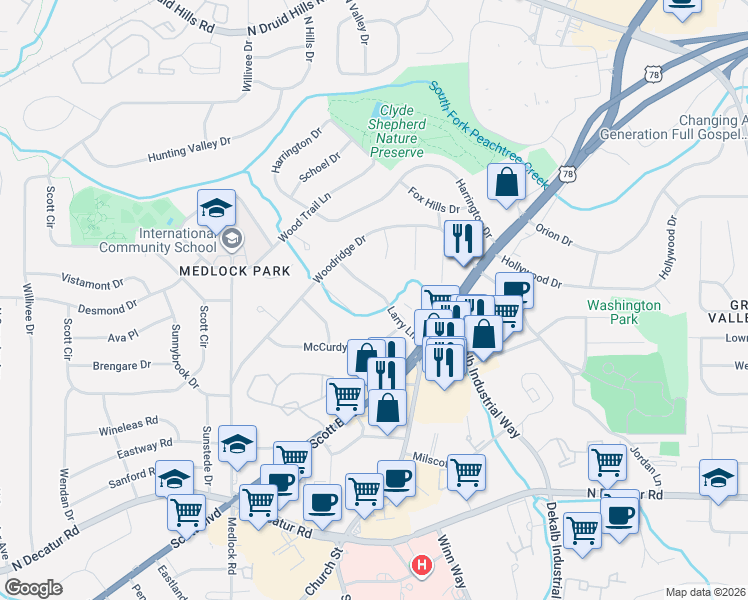 map of restaurants, bars, coffee shops, grocery stores, and more near 800 Larry Lane in Decatur