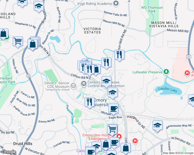 map of restaurants, bars, coffee shops, grocery stores, and more near 1579 Avenue Place in Atlanta