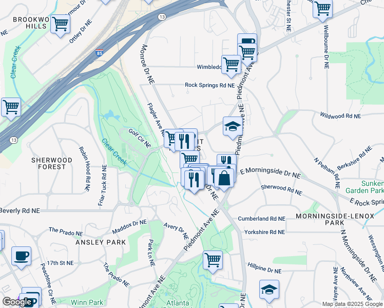 map of restaurants, bars, coffee shops, grocery stores, and more near 1705 Monroe Drive Northeast in Atlanta