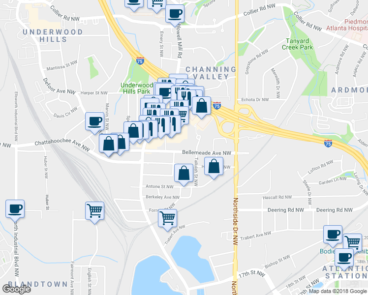 map of restaurants, bars, coffee shops, grocery stores, and more near 735 Bellemeade Avenue Northwest in Atlanta