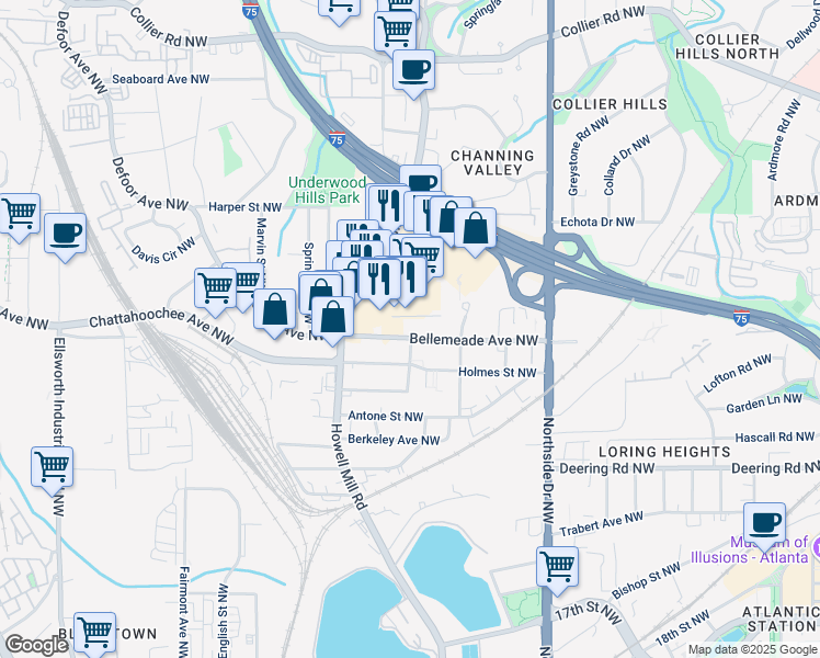 map of restaurants, bars, coffee shops, grocery stores, and more near 761 Bellemeade Avenue Northwest in Atlanta