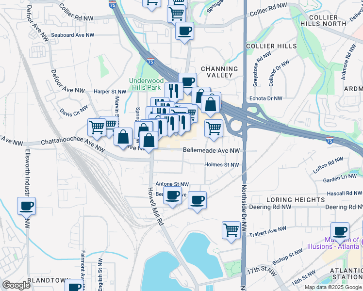 map of restaurants, bars, coffee shops, grocery stores, and more near 1715 Howell Mill Road Northwest in Atlanta