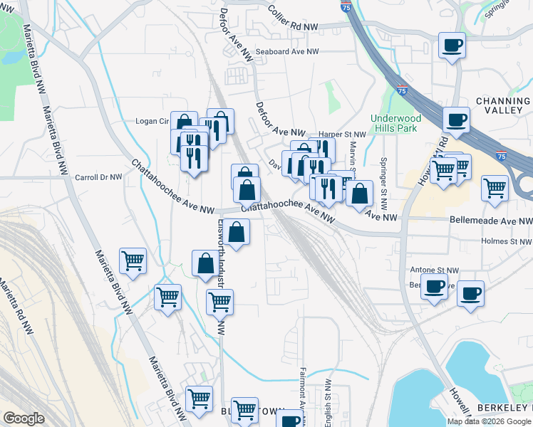 map of restaurants, bars, coffee shops, grocery stores, and more near 1130 Old Chattahoochee Avenue Northwest in Atlanta