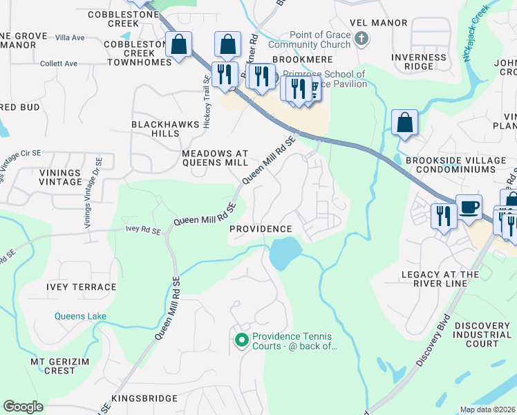 map of restaurants, bars, coffee shops, grocery stores, and more near 6423 Crown Forest Lane in Mableton