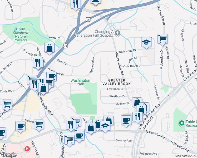 map of restaurants, bars, coffee shops, grocery stores, and more near 824 Cinderella Way in Decatur