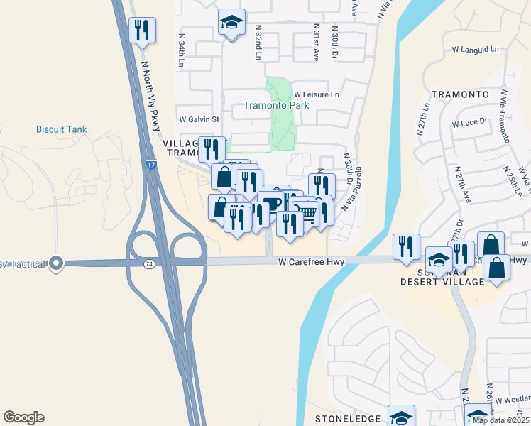 map of restaurants, bars, coffee shops, grocery stores, and more near 34860 North North Valley Parkway in Phoenix