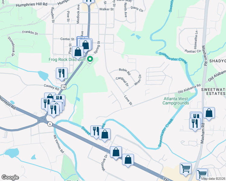 map of restaurants, bars, coffee shops, grocery stores, and more near 158 Meadowlark Place in Austell