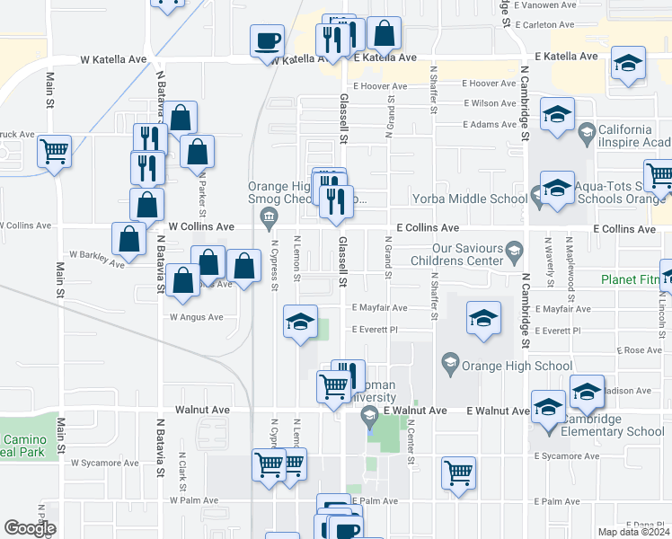 map of restaurants, bars, coffee shops, grocery stores, and more near 828 North Glassell Street in Orange