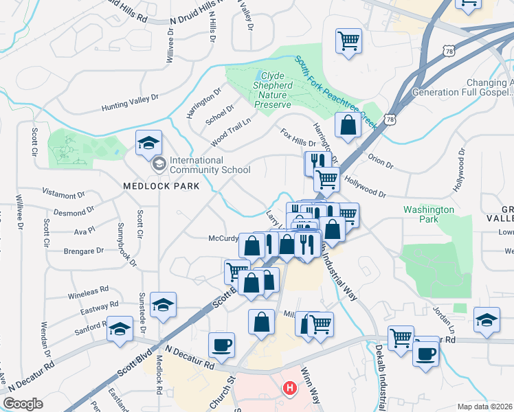 map of restaurants, bars, coffee shops, grocery stores, and more near 800 Larry Lane in Decatur