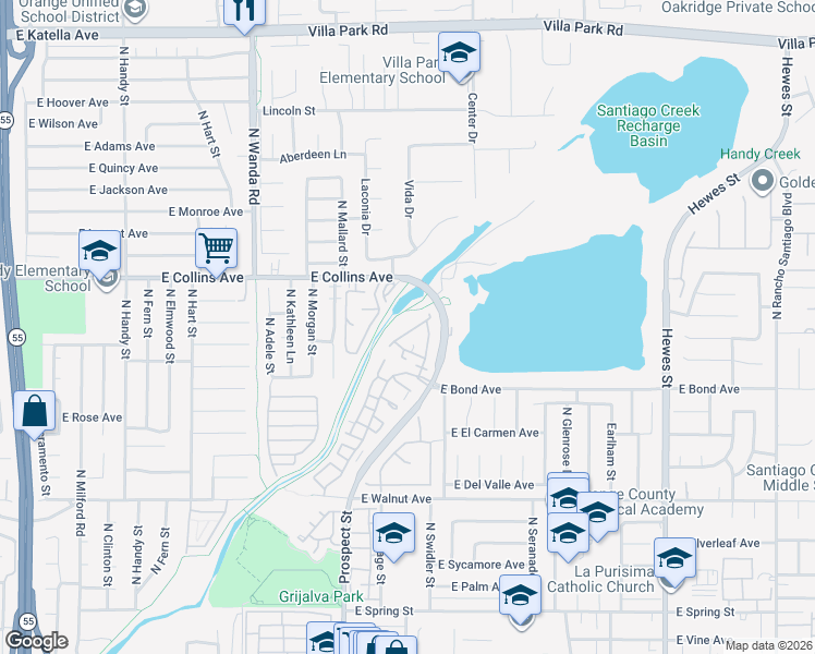 map of restaurants, bars, coffee shops, grocery stores, and more near 834 North Kintyre Drive in Orange