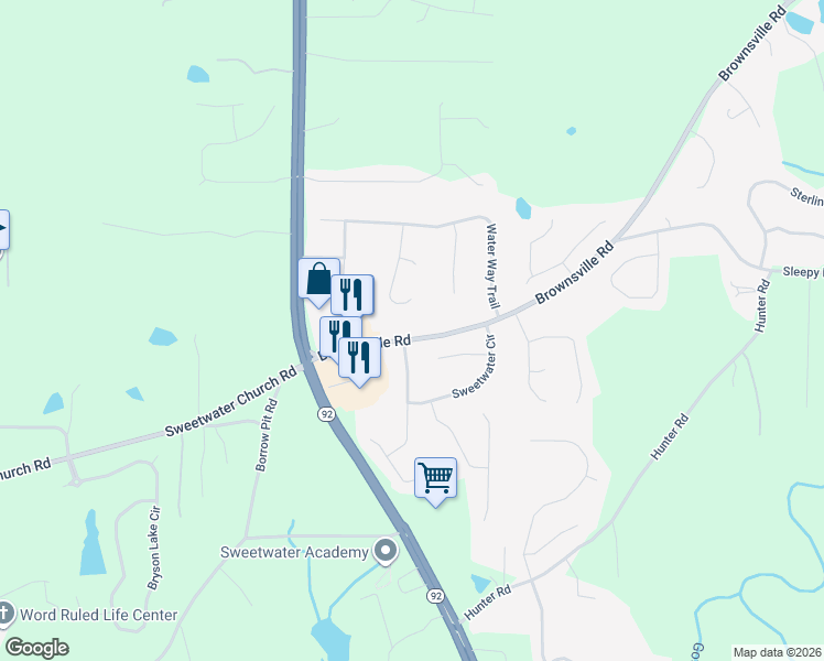 map of restaurants, bars, coffee shops, grocery stores, and more near 243 Brownsville Road in Powder Springs