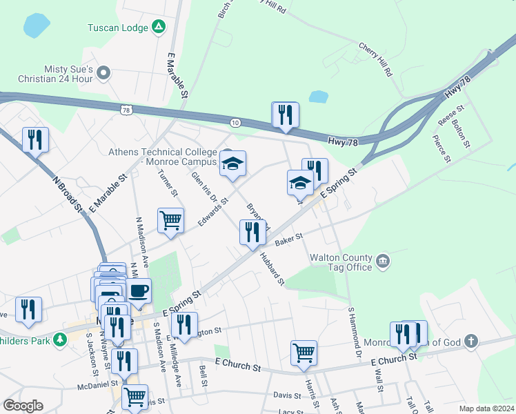 map of restaurants, bars, coffee shops, grocery stores, and more near 112 Bryant Road in Monroe