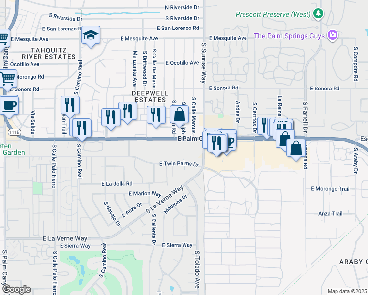 map of restaurants, bars, coffee shops, grocery stores, and more near 1655 East Palm Canyon Drive in Palm Springs