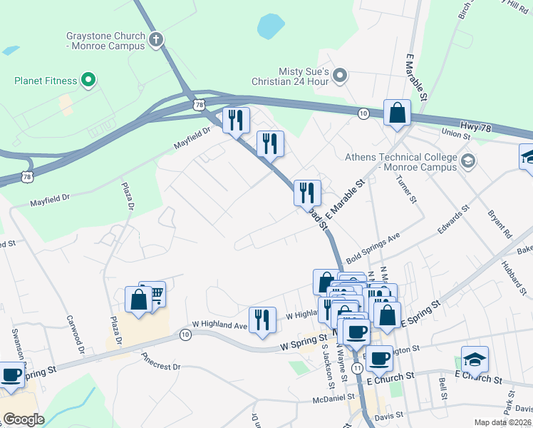 map of restaurants, bars, coffee shops, grocery stores, and more near 134 Nowell Street in Monroe