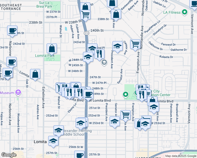 map of restaurants, bars, coffee shops, grocery stores, and more near 1606 247th Street in Los Angeles
