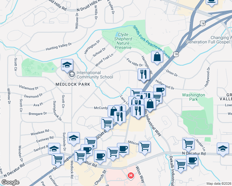 map of restaurants, bars, coffee shops, grocery stores, and more near 800 Larry Lane in Decatur