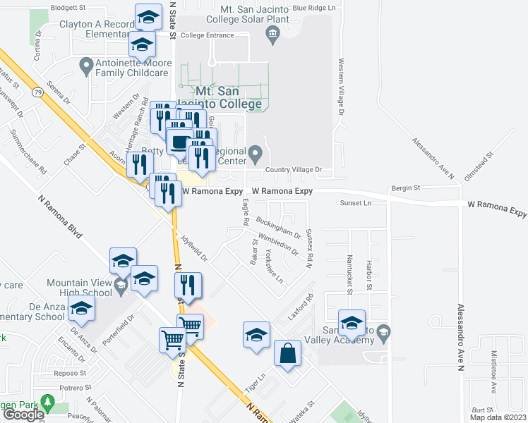 map of restaurants, bars, coffee shops, grocery stores, and more near 1074 Liverpool Lane in San Jacinto