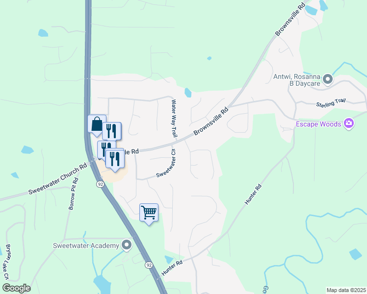 map of restaurants, bars, coffee shops, grocery stores, and more near 42 Breckenridge Drive in Powder Springs