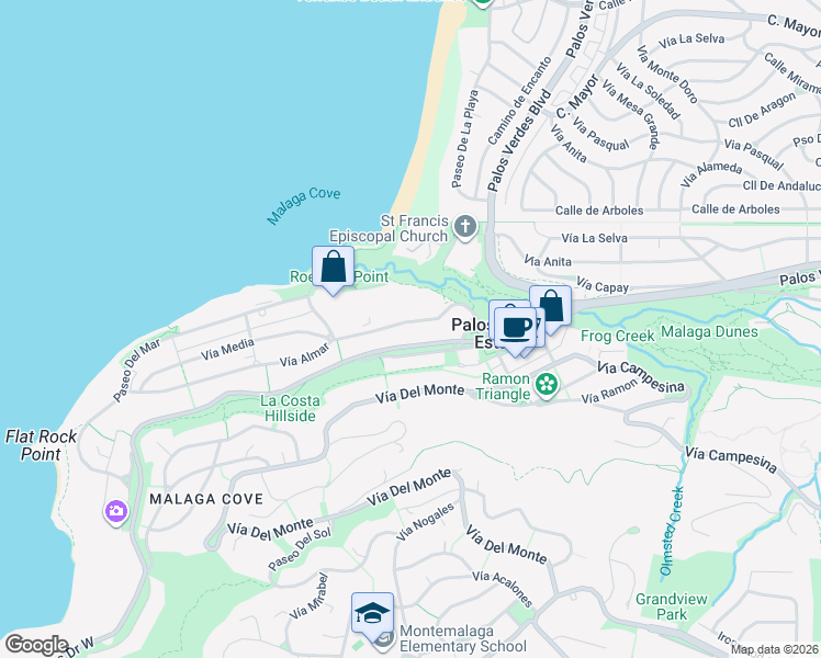 map of restaurants, bars, coffee shops, grocery stores, and more near 344 Vía Almar in Palos Verdes Estates