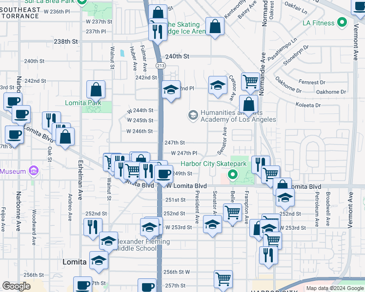 map of restaurants, bars, coffee shops, grocery stores, and more near 1606 247th Street in Los Angeles