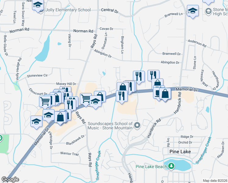 map of restaurants, bars, coffee shops, grocery stores, and more near 782 Whitman Court in Stone Mountain
