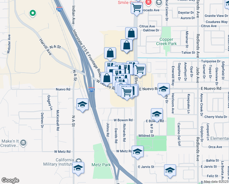 map of restaurants, bars, coffee shops, grocery stores, and more near 119 West Nuevo Road in Perris