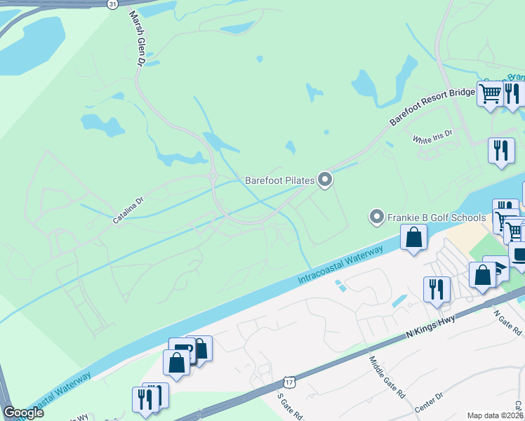 map of restaurants, bars, coffee shops, grocery stores, and more near 5650-4 Barefoot Resort Bridge Road in North Myrtle Beach
