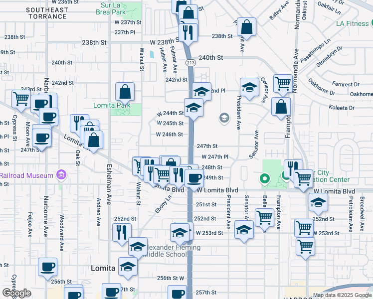 map of restaurants, bars, coffee shops, grocery stores, and more near 1700 247th Street in Lomita