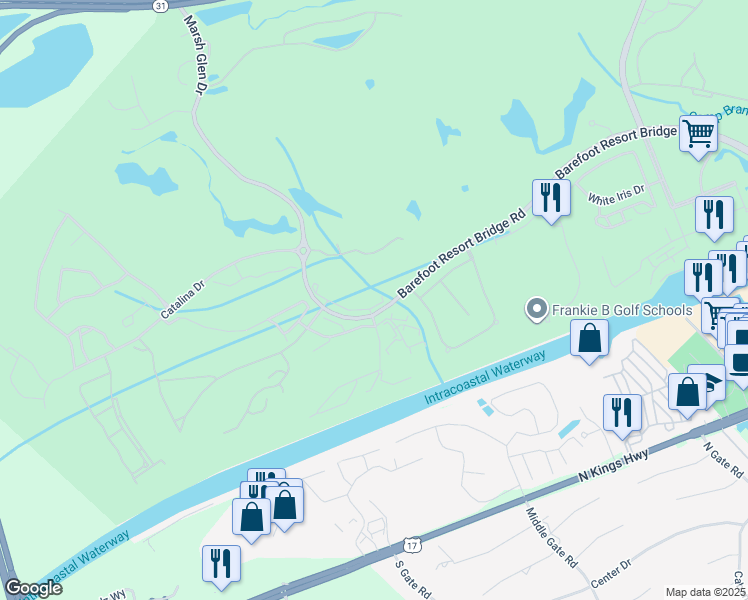 map of restaurants, bars, coffee shops, grocery stores, and more near 5650-4 Barefoot Resort Bridge Road in North Myrtle Beach
