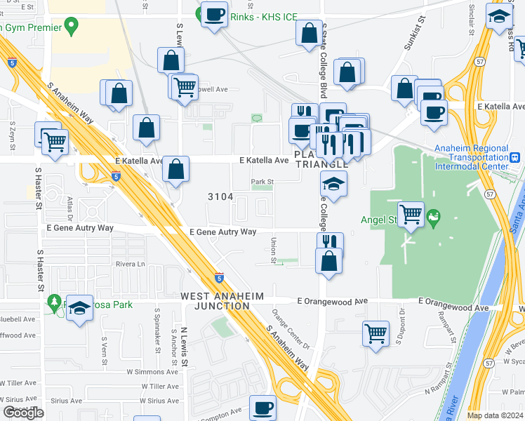map of restaurants, bars, coffee shops, grocery stores, and more near 1859 Union Street in Anaheim