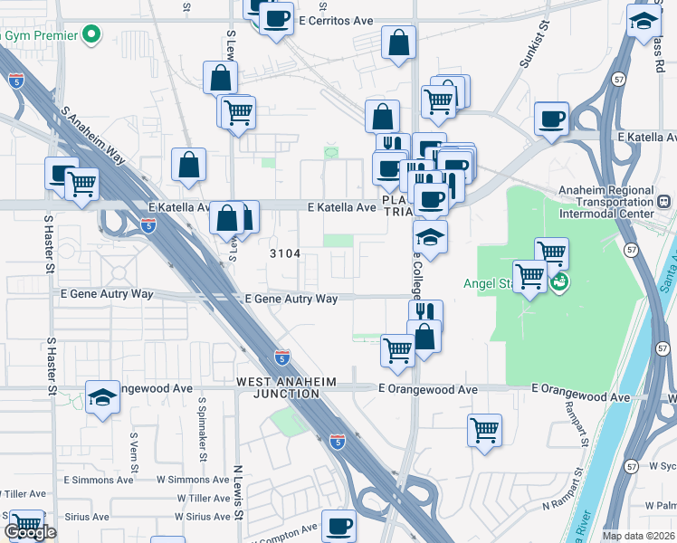 map of restaurants, bars, coffee shops, grocery stores, and more near in Anaheim