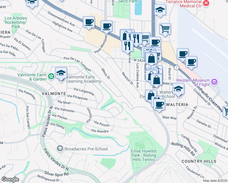 map of restaurants, bars, coffee shops, grocery stores, and more near 3927 Paseo De Las Tortugas in Torrance