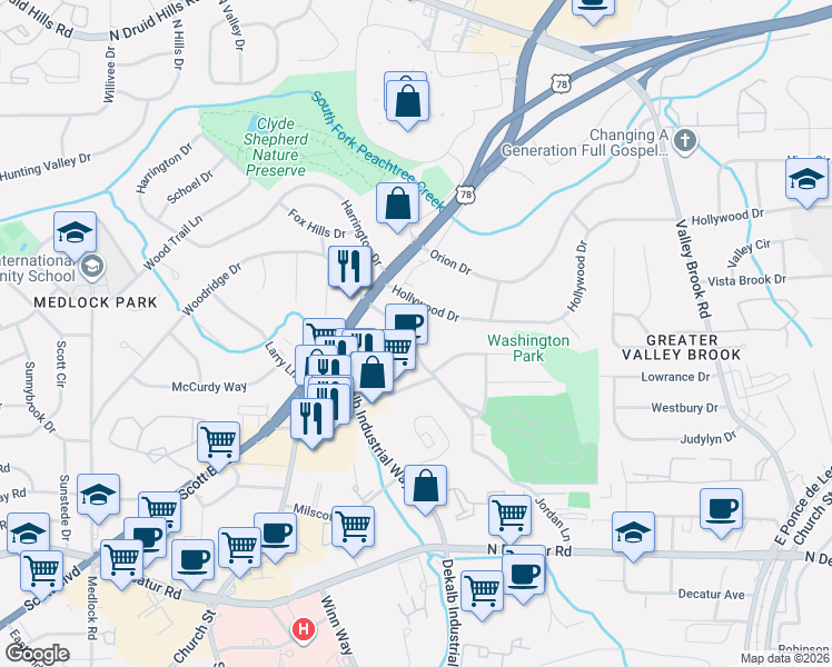 map of restaurants, bars, coffee shops, grocery stores, and more near 795 Jordan Lane in Decatur