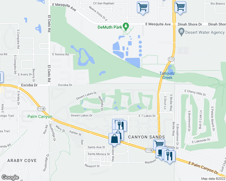 map of restaurants, bars, coffee shops, grocery stores, and more near 223 Desert Lakes Drive in Palm Springs