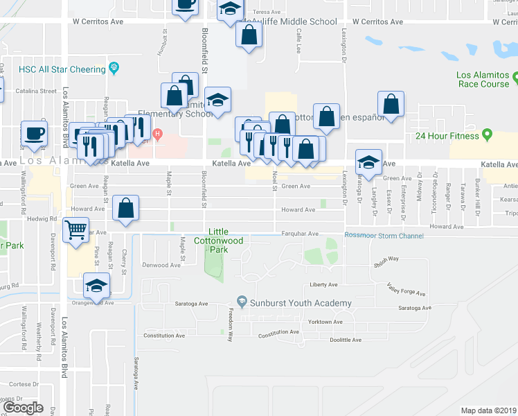 map of restaurants, bars, coffee shops, grocery stores, and more near 4187 Howard Avenue in Los Alamitos