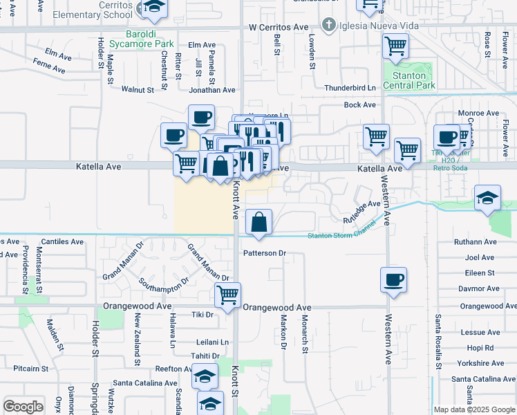 map of restaurants, bars, coffee shops, grocery stores, and more near 7080 Fulton Way in Stanton