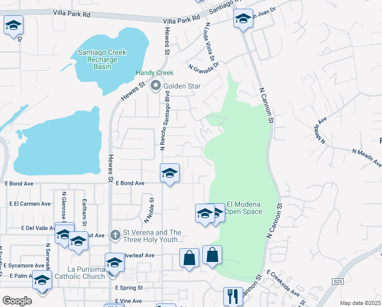 map of restaurants, bars, coffee shops, grocery stores, and more near 5121 East Lomita Avenue in Orange