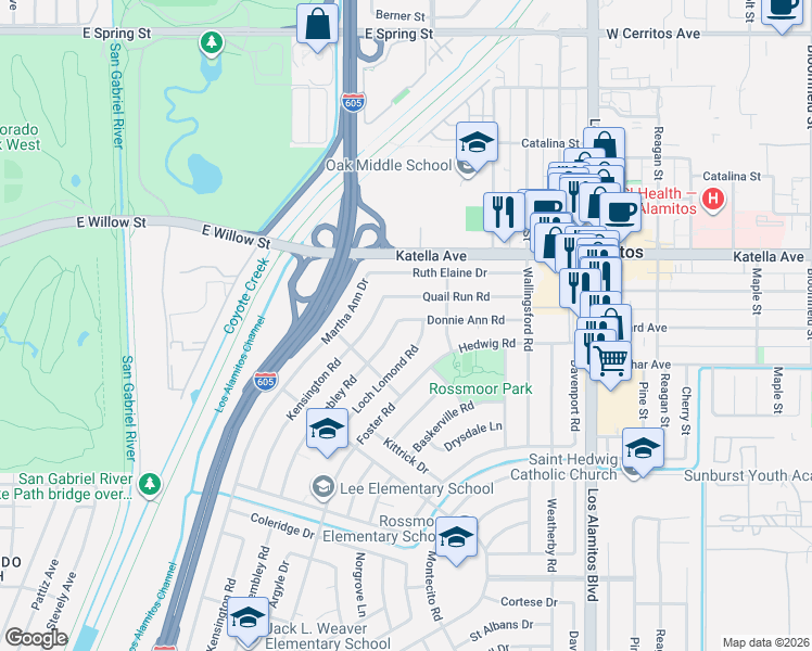 map of restaurants, bars, coffee shops, grocery stores, and more near 11152 Wembley Road in Los Alamitos