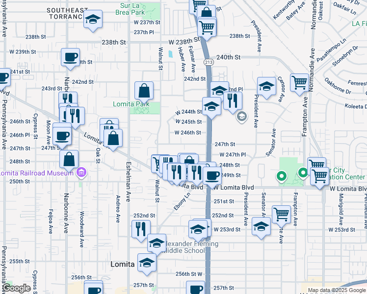 map of restaurants, bars, coffee shops, grocery stores, and more near 1808 247th Street in Lomita