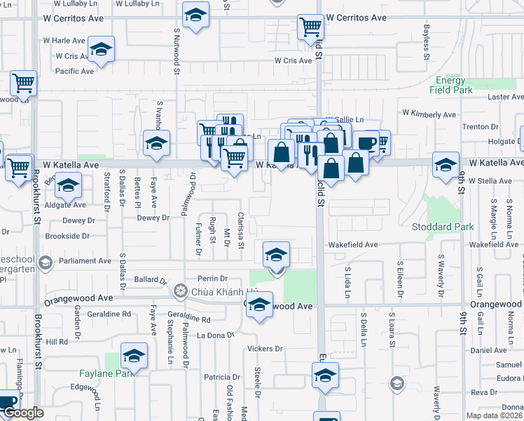 map of restaurants, bars, coffee shops, grocery stores, and more near 11121 Dino Circle in Garden Grove
