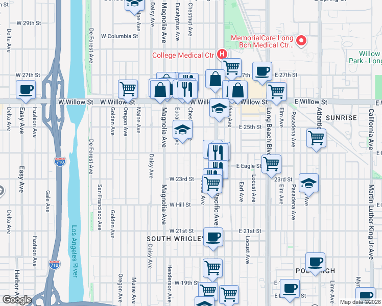 map of restaurants, bars, coffee shops, grocery stores, and more near N Chestnut Ave & W Burnett St in Long Beach