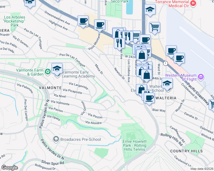 map of restaurants, bars, coffee shops, grocery stores, and more near 3927 Paseo De Las Tortugas in Torrance