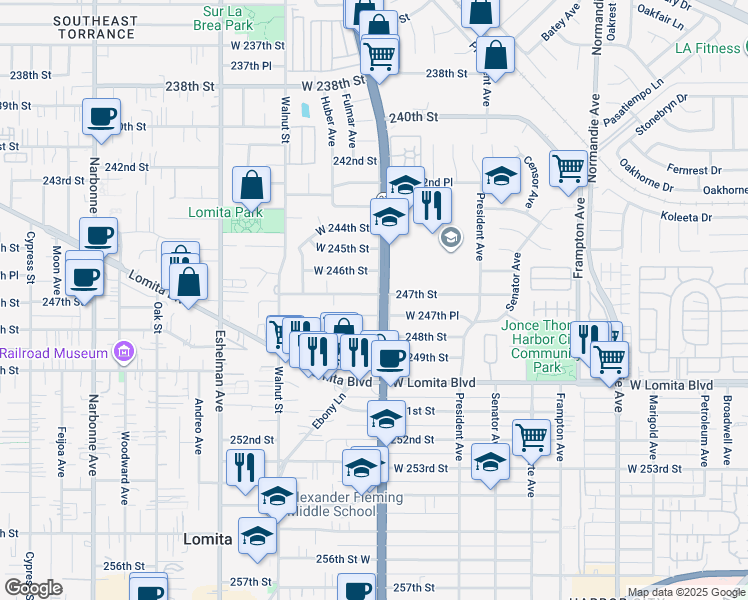 map of restaurants, bars, coffee shops, grocery stores, and more near 1700 247th Street in Lomita