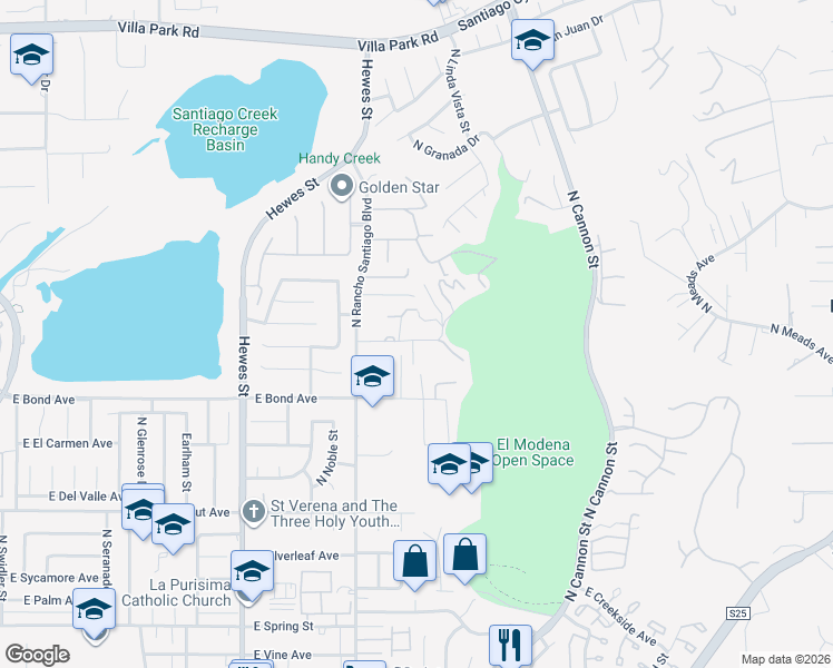 map of restaurants, bars, coffee shops, grocery stores, and more near 5121 East Lomita Avenue in Orange