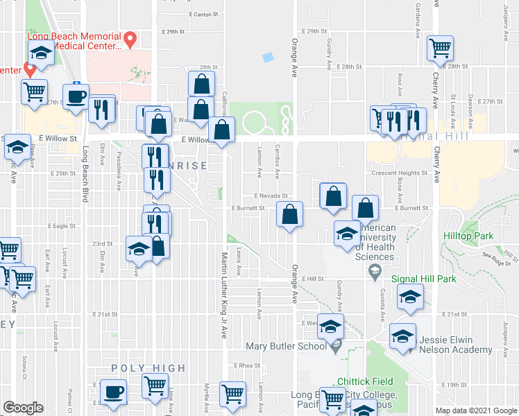 map of restaurants, bars, coffee shops, grocery stores, and more near Lemon Avenue & East Burnett Street in Signal Hill