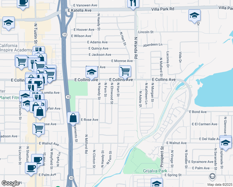 map of restaurants, bars, coffee shops, grocery stores, and more near 819 North Elmwood Street in Orange