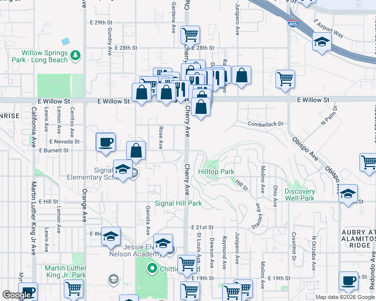 map of restaurants, bars, coffee shops, grocery stores, and more near Cherry Ave & Skyline Dr in Signal Hill