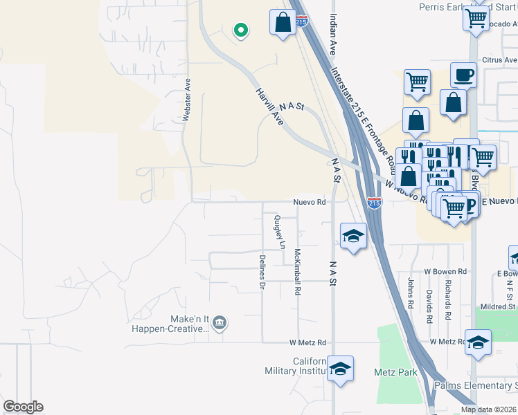 map of restaurants, bars, coffee shops, grocery stores, and more near 1542 Delines Drive in Perris