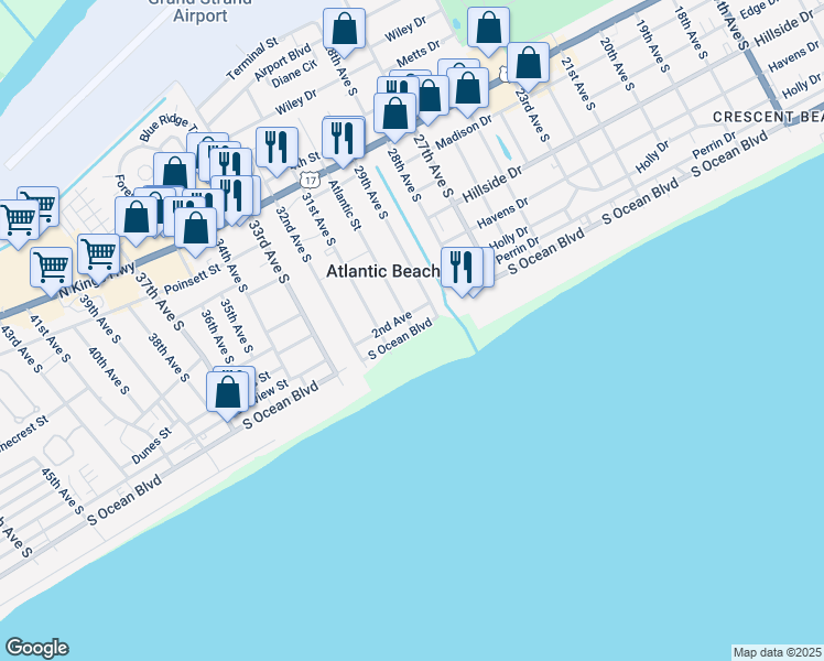 map of restaurants, bars, coffee shops, grocery stores, and more near 201 Atlantic Street in Atlantic Beach